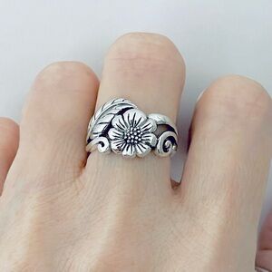 🌻TOP SELLER🌻Sterling Silver Sunflower Ring with Leaf, Happy Flower Jewelry